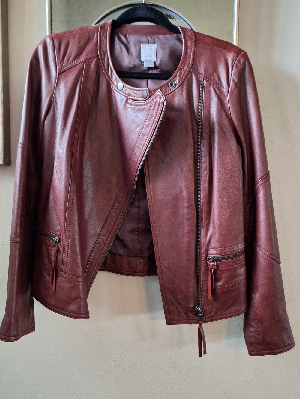 Women's Burgundy Leather Moto Jacket